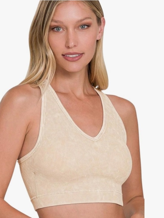 Zenana Outfitters Tops - Zenana Trista Washed Ribbed Seamless V-Neck Racerback Padded Bra Sand Beige S/M